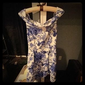Blue and white floral off the shoulder dress